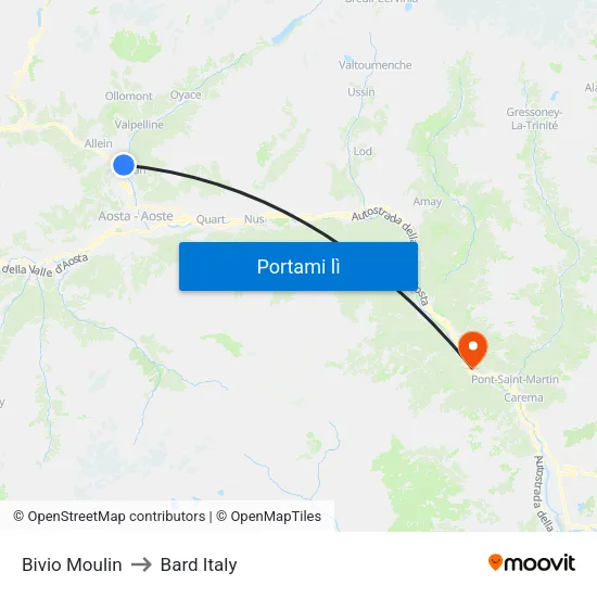 Bivio Moulin to Bard Italy map