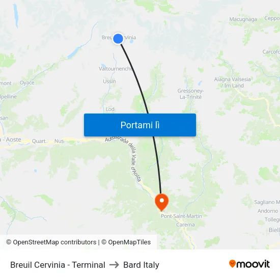 Breuil Cervinia - Terminal to Bard Italy map