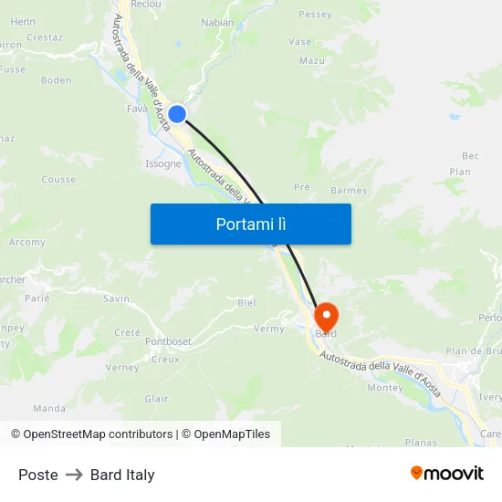 Vèrres Poste to Bard Italy map