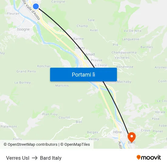 Verres Usl to Bard Italy map
