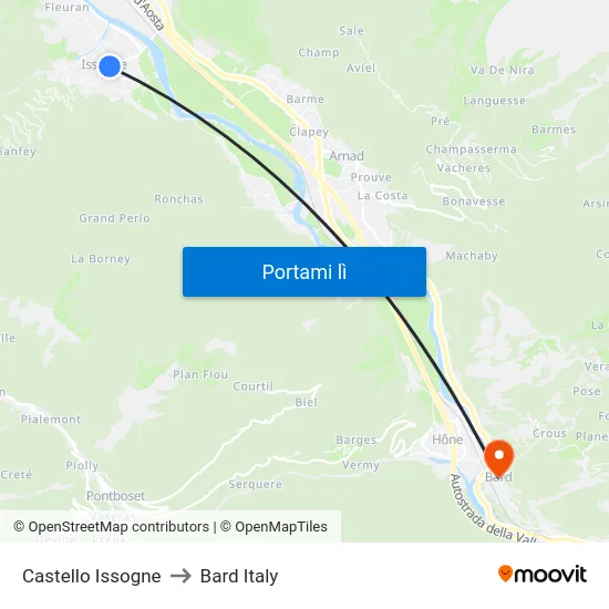 Castello Issogne to Bard Italy map