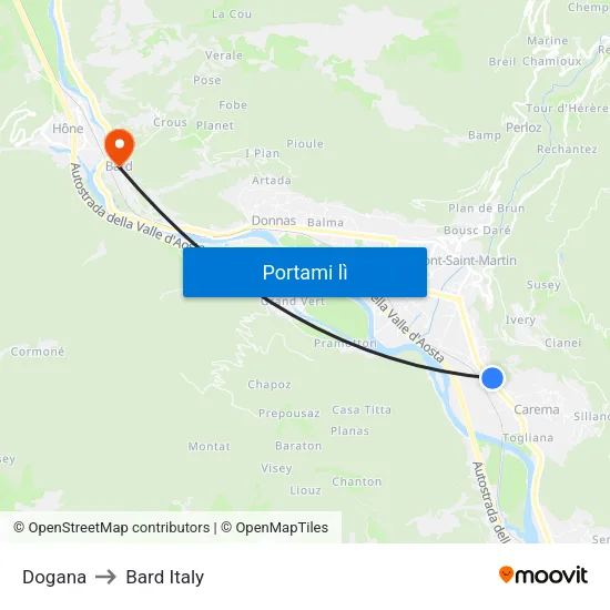 Dogana to Bard Italy map
