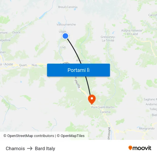 Chamois to Bard Italy map