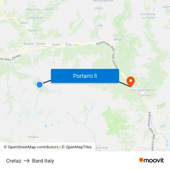 Cretaz to Bard Italy map