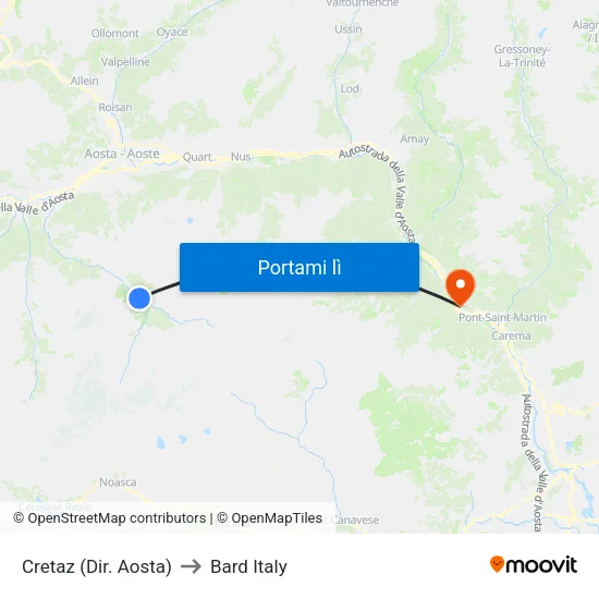 Cretaz (Dir. Aosta) to Bard Italy map