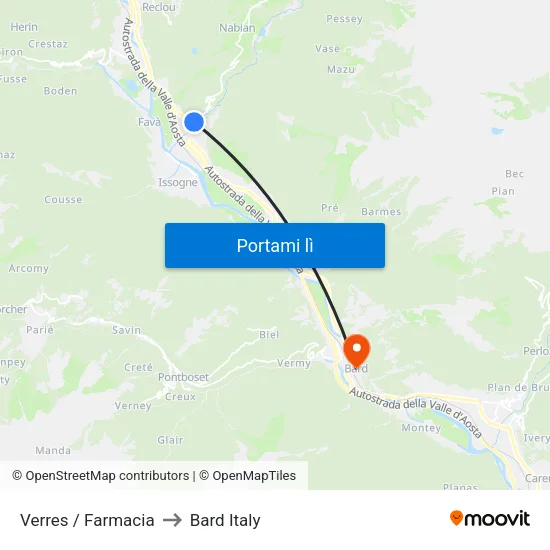 Verres Farmacia to Bard Italy map