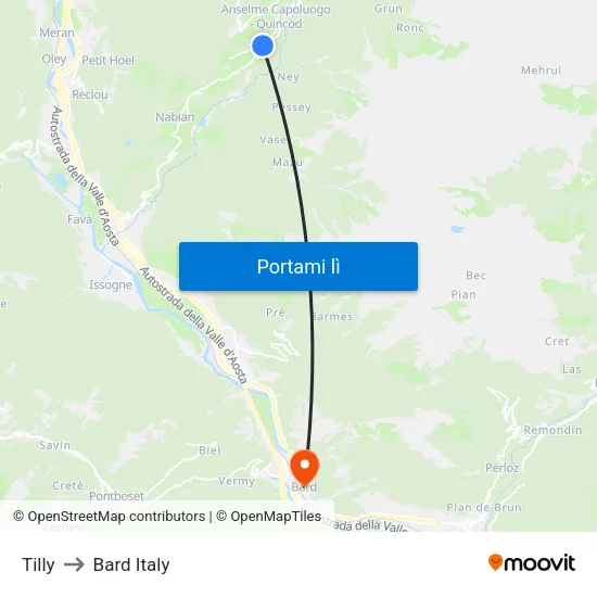 Tilly to Bard Italy map