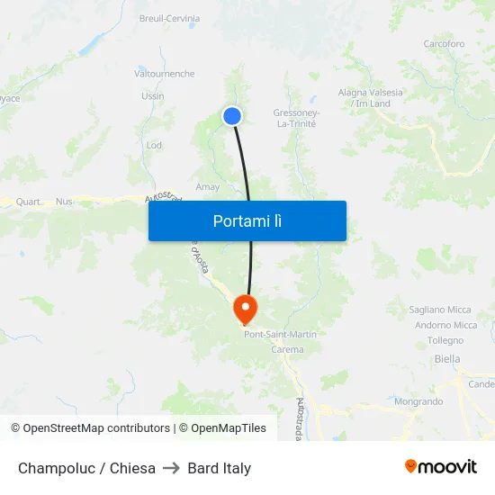 Champoluc / Chiesa to Bard Italy map