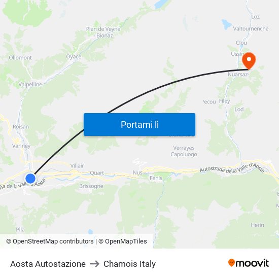 Aosta Autostazione to Chamois Italy map
