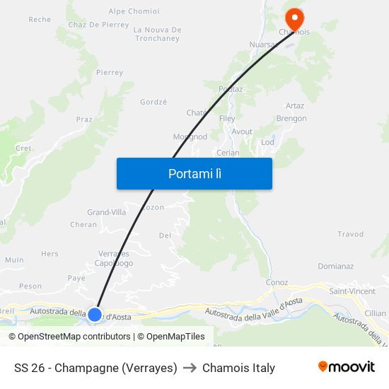 SS 26 - Champagne (Verrayes) to Chamois Italy map