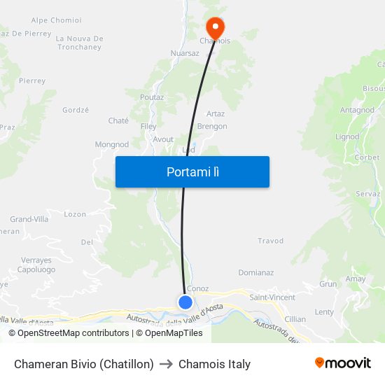 Chameran Bivio (Chatillon) to Chamois Italy map