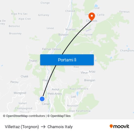 Villettaz (Torgnon) to Chamois Italy map