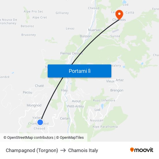 Champagnod (Torgnon) to Chamois Italy map