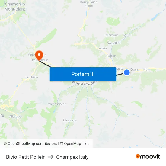 Bivio Petit Pollein to Champex Italy map