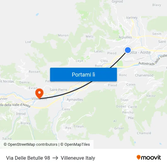 Via Delle Betulle 98 to Villeneuve Italy map