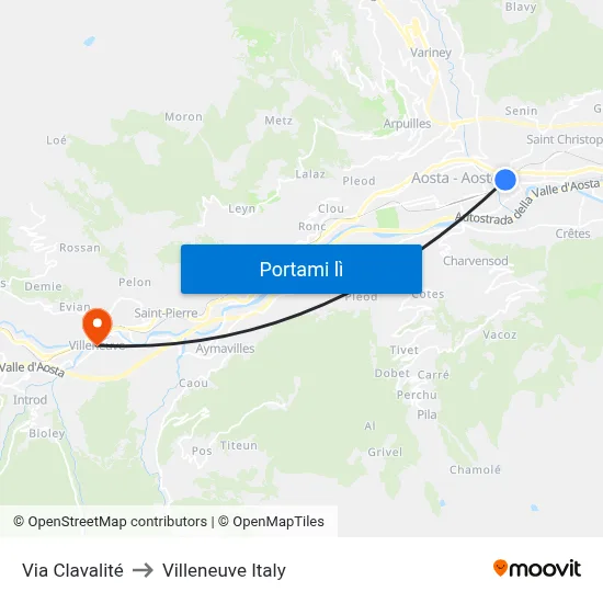Via Clavalité to Villeneuve Italy map