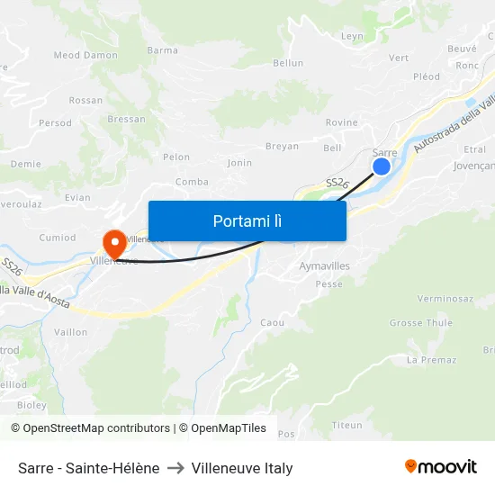 Sarre - Sainte-Hélène to Villeneuve Italy map
