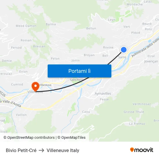 Bivio Petit-Cré to Villeneuve Italy map