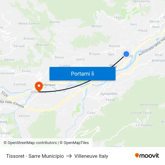 Tissoret - Sarre Municipio to Villeneuve Italy map