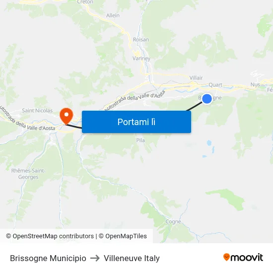 Brissogne Municipio to Villeneuve Italy map