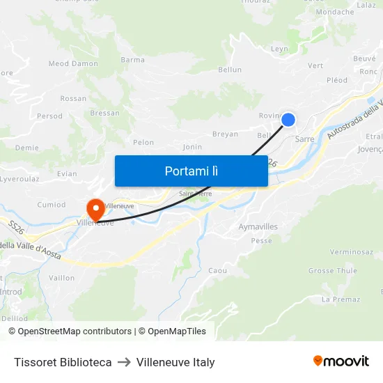 Tissoret Biblioteca to Villeneuve Italy map