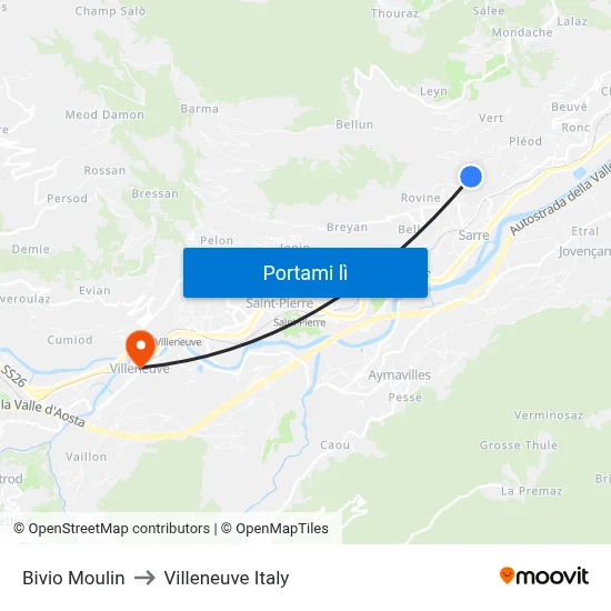 Bivio Moulin to Villeneuve Italy map