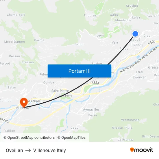 Oveillan to Villeneuve Italy map