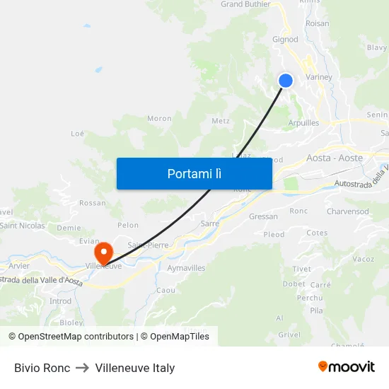 Bivio Ronc to Villeneuve Italy map