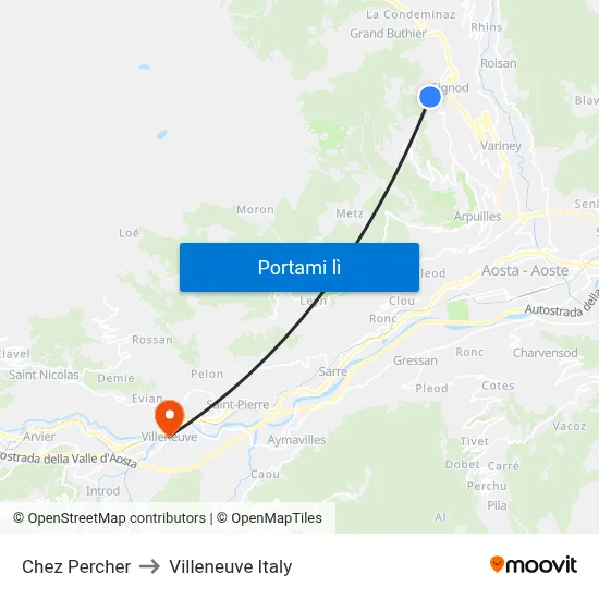 Chez Percher to Villeneuve Italy map