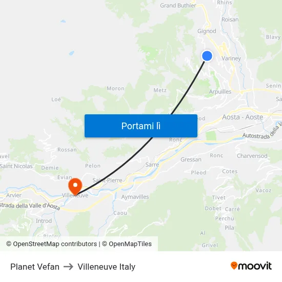 Planet Vefan to Villeneuve Italy map