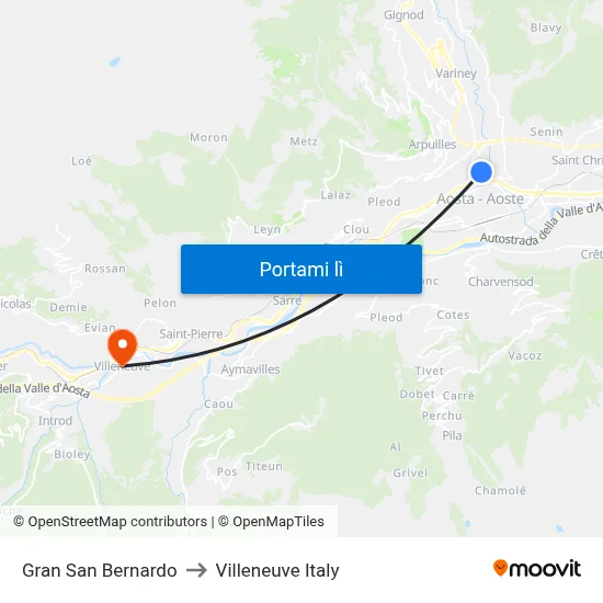 Gran San Bernardo to Villeneuve Italy map