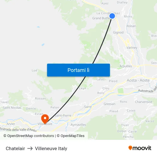 Chatelair to Villeneuve Italy map