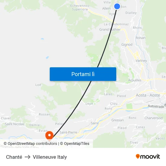 Chanté to Villeneuve Italy map