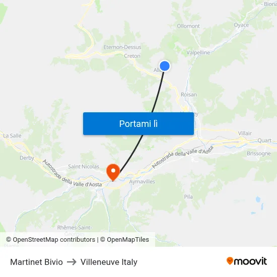 Martinet Bivio to Villeneuve Italy map