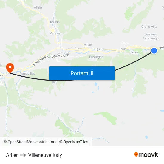 Arlier to Villeneuve Italy map