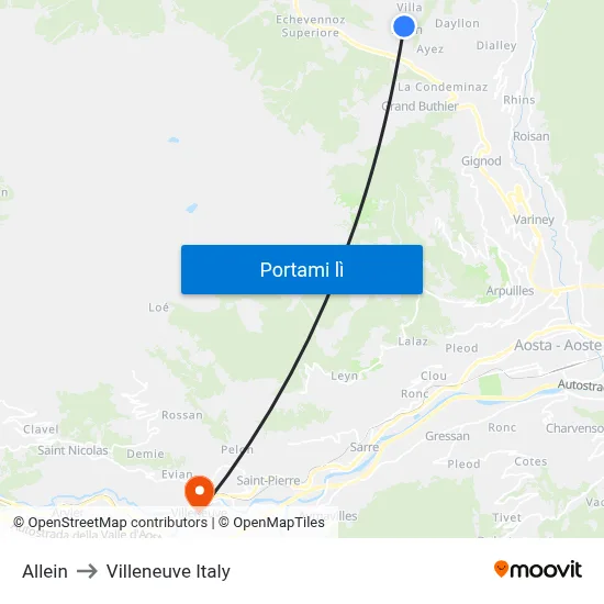 Allein to Villeneuve Italy map
