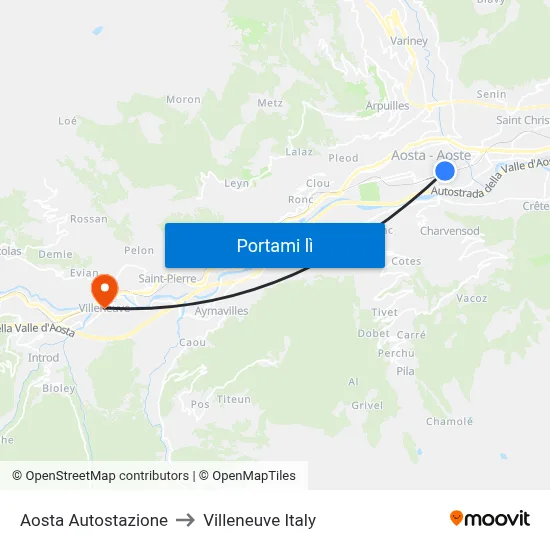 Aosta Autostazione to Villeneuve Italy map