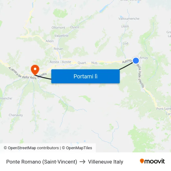 Ponte Romano (Saint-Vincent) to Villeneuve Italy map