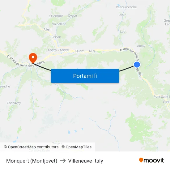Monquert (Montjovet) to Villeneuve Italy map