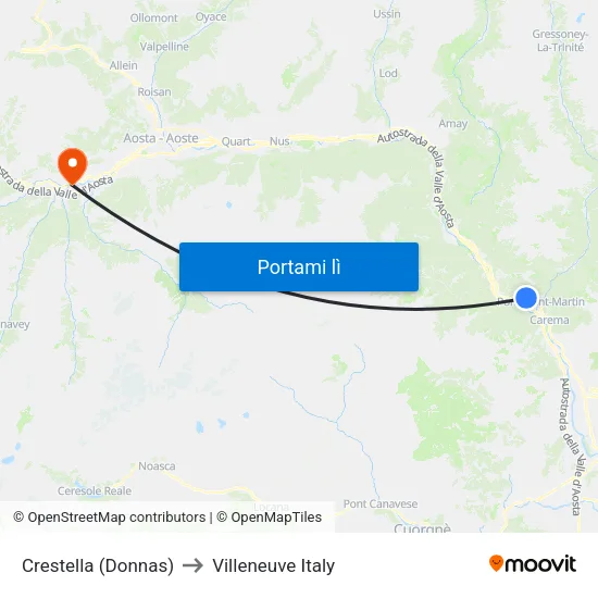 Donnas Crestella to Villeneuve Italy map
