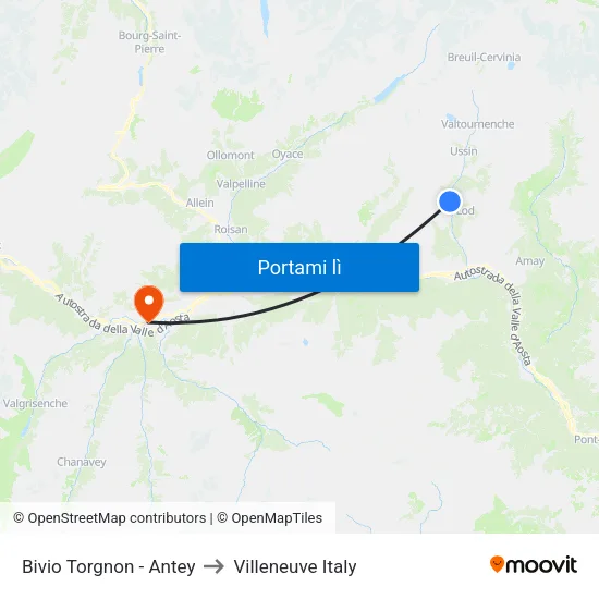 Bivio Torgnon - Antey to Villeneuve Italy map