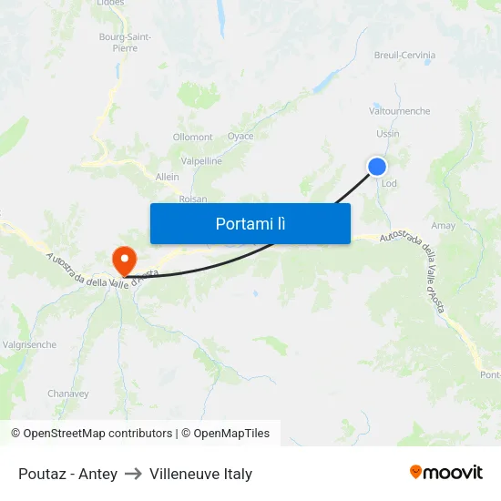 Poutaz - Antey to Villeneuve Italy map