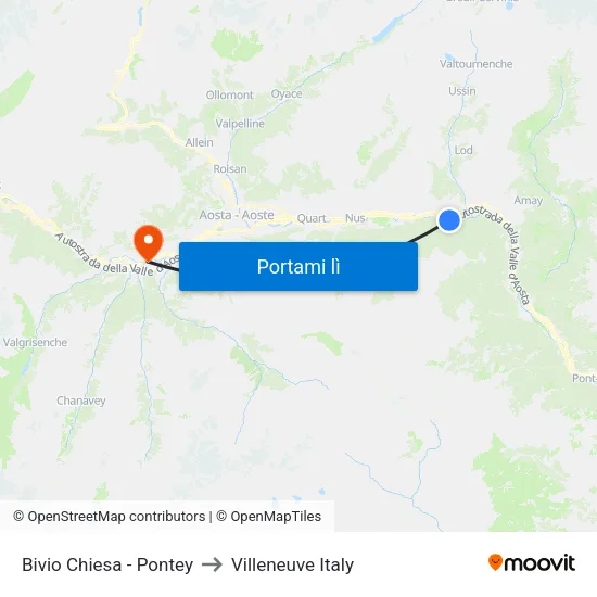 Bivio Chiesa - Pontey to Villeneuve Italy map
