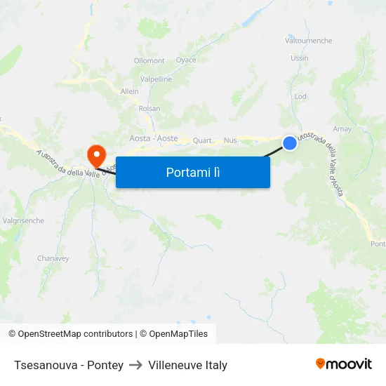 Tsesanouva - Pontey to Villeneuve Italy map