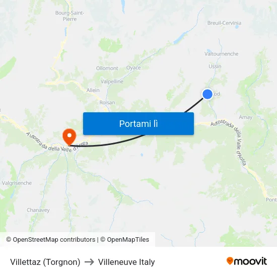 Villettaz (Torgnon) to Villeneuve Italy map