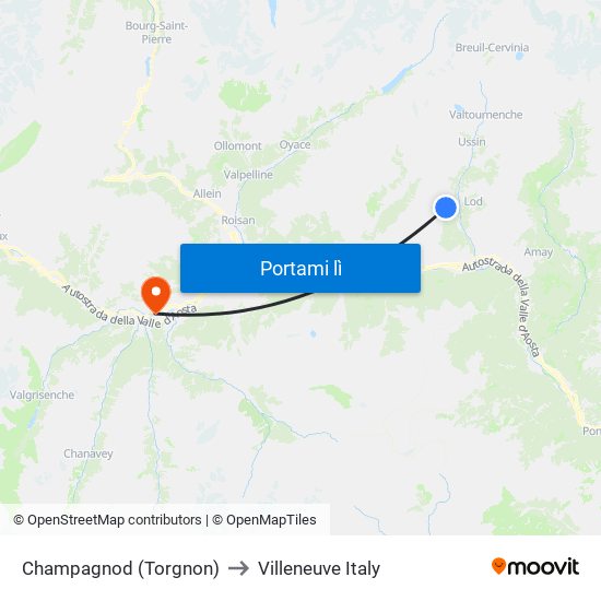 Champagnod (Torgnon) to Villeneuve Italy map