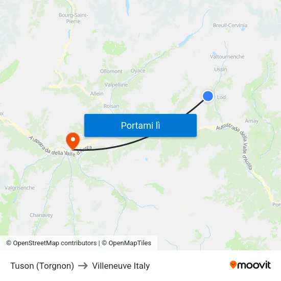 Tuson (Torgnon) to Villeneuve Italy map