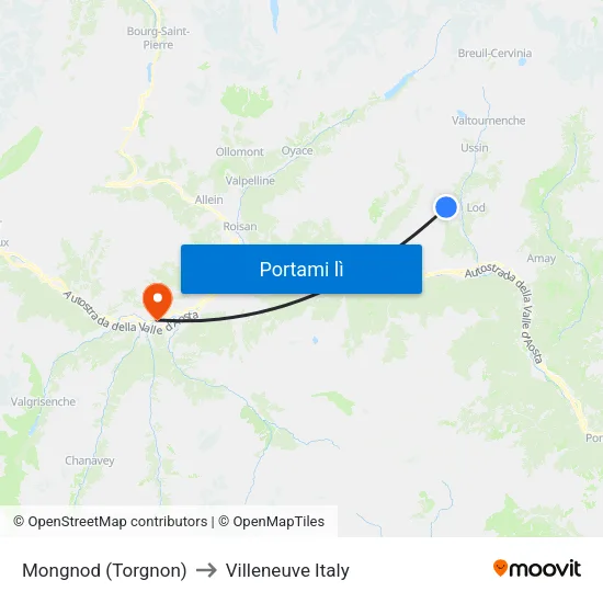Mongnod (Torgnon) to Villeneuve Italy map