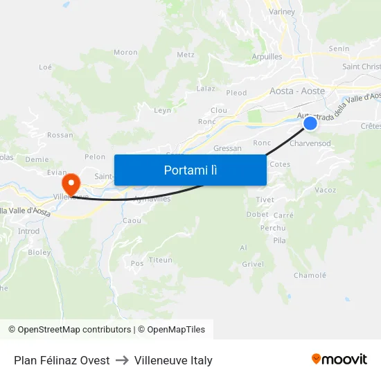 Plan Félinaz Ovest to Villeneuve Italy map