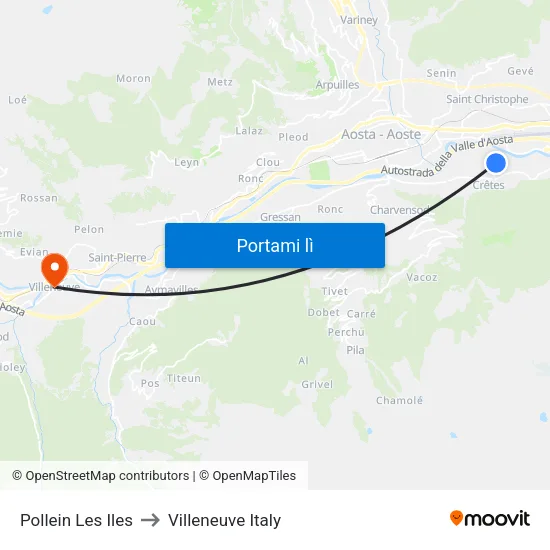 Pollein Les Iles to Villeneuve Italy map